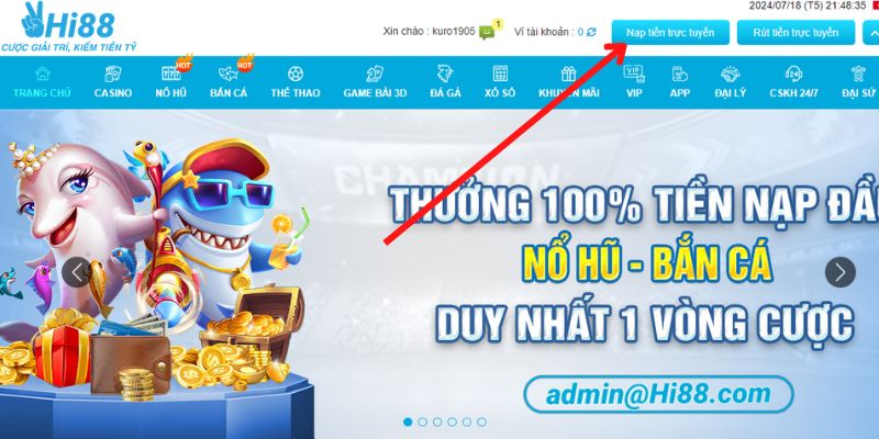 Kích chọn nạp tiền trực tuyến tại trang chủ Hi88