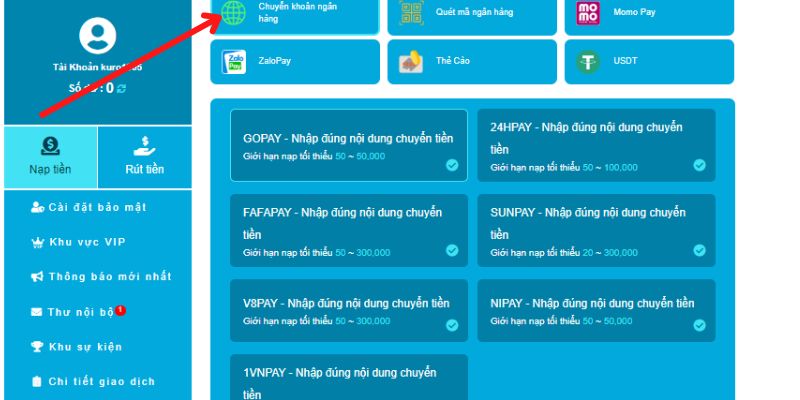 Gửi tiền vào Hi88 thông qua chuyển khoản ngân hàng