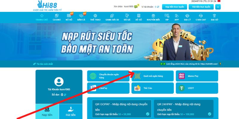 Quét mã QR để nạp tiền vào Hi88