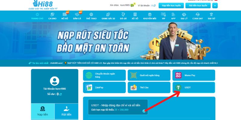 Nạp tiền bằng usdt